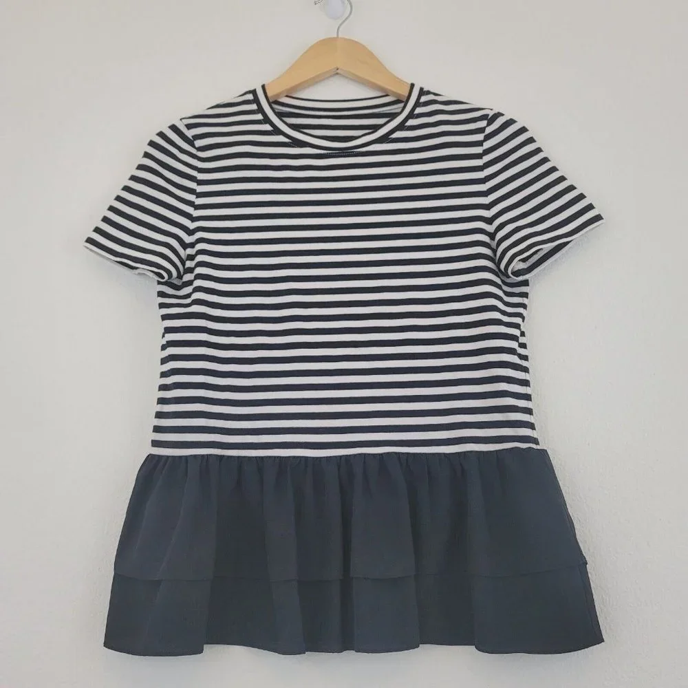 Kate Spade Broome Street Sz Small Striped Tiered Ruffle Peplum Top Black & White - Picture 7 of 11